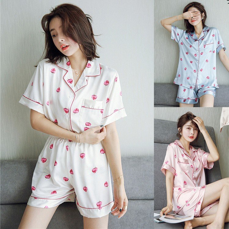 パジャマ レディース 夏 半袖 パジャマ いちごの図柄 前開きパジャマ ショットパンツ フェイク絹f