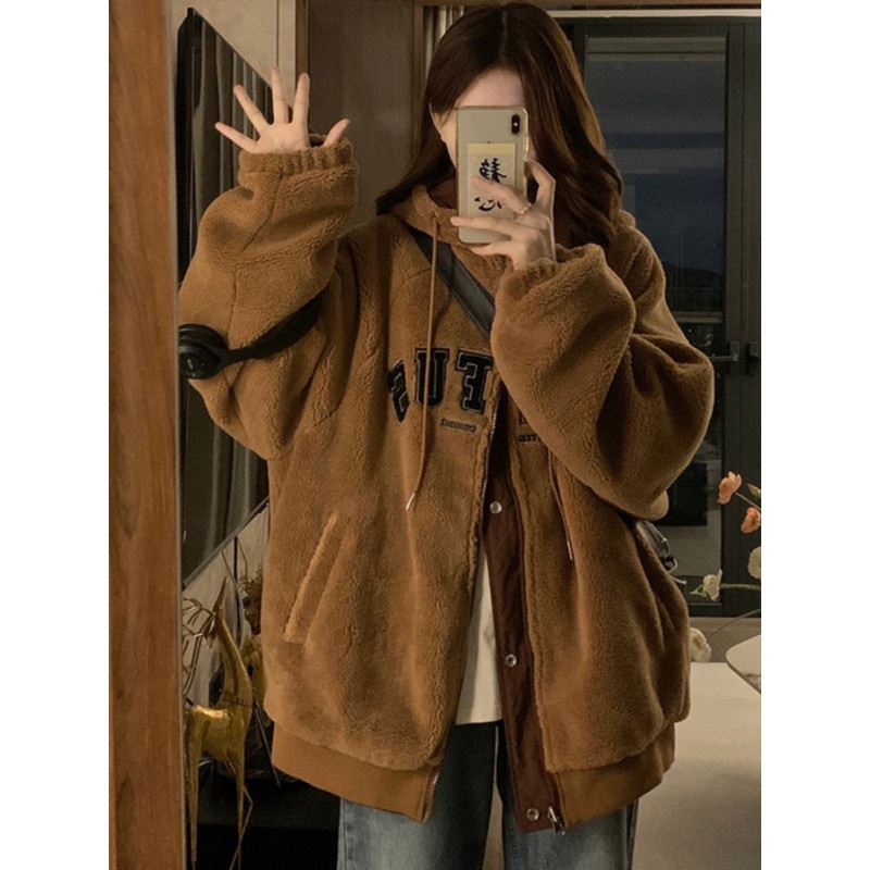 女性用両面野球ユニフォームラムウールジャケット2024冬新厚みベルベットアメリカンレトロコットンジャケット