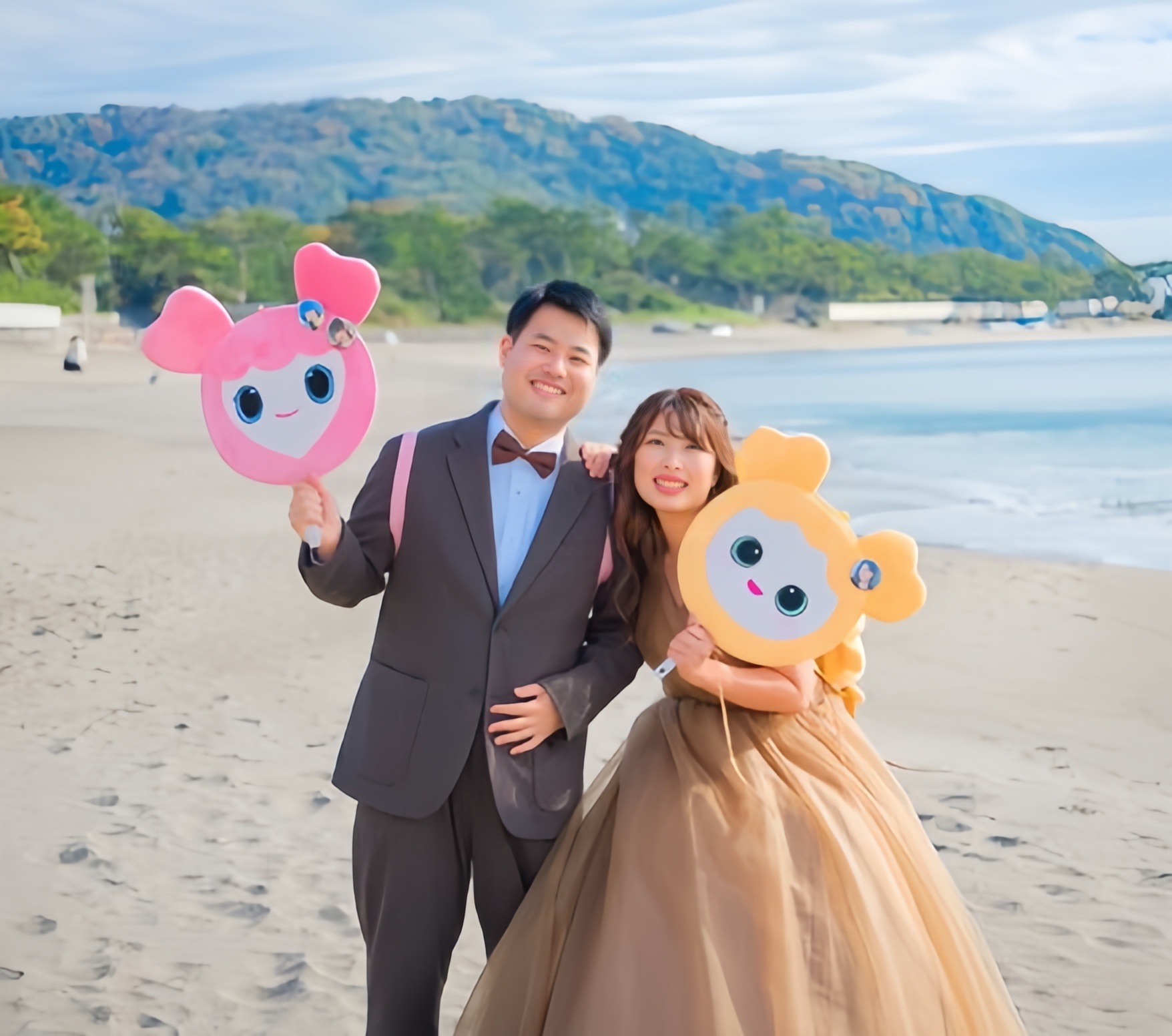 実例写真！パーティードレス ブラウン キャミソール ソフトチュール 大人っぽい Vネック 優しい 前撮り