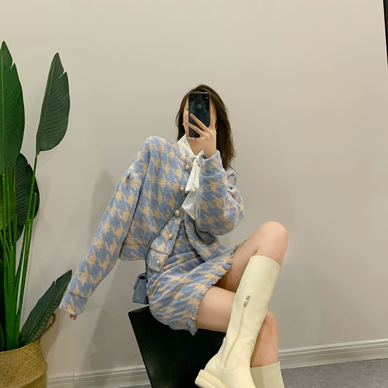 【セットアップ】千鳥格子 ジャケット＋フリンジスカート ツーピース スカートスーツ デート お出かけ かわいい レディース. a3858