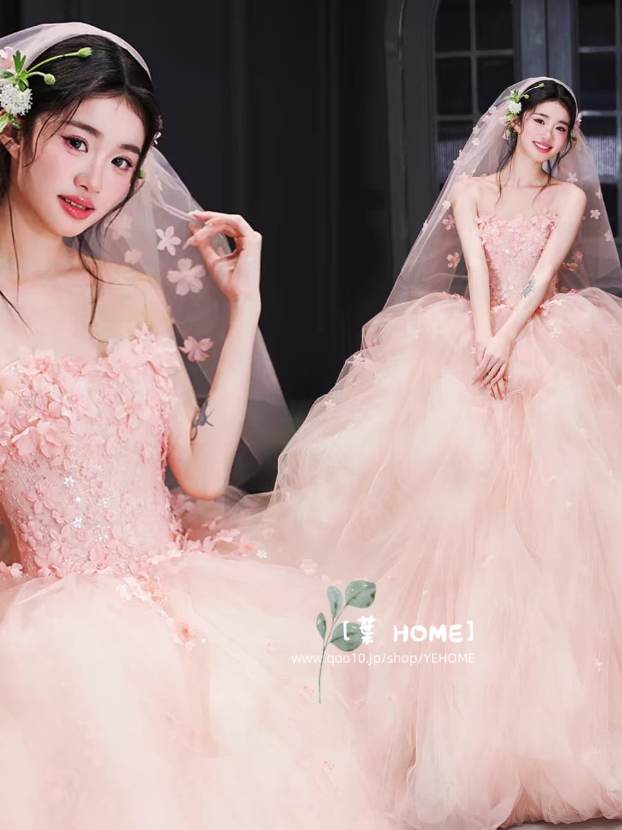 [葉 HOME] ウェディングドレス ウェディングドレス ピンク パーティードレスバブルスカート 露背 カラー 花嫁ロングドレス 結婚式 二次会 エレガント
