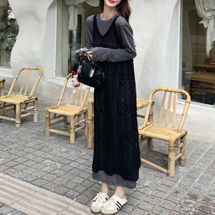 セットアップ レディース ベスト ニット ワンピース 長袖 Tシャツワンピ クロシェ 透かし編み 2点セット エレガント カジュアル きれいめ フェミニン ロング丈 大人 可愛い おしゃれ グレー ブ