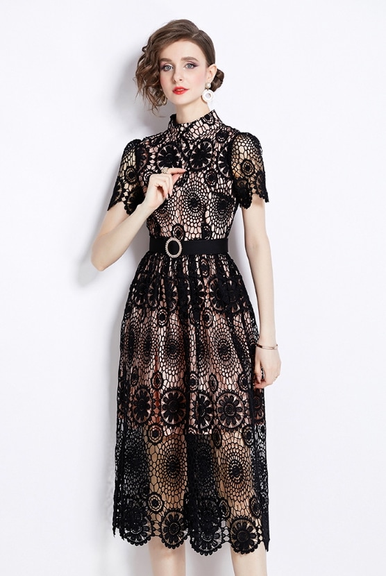 フレンチレトロテンペラメントドレスサマードレス水溶性レーススリムフィットロング半袖ドレス