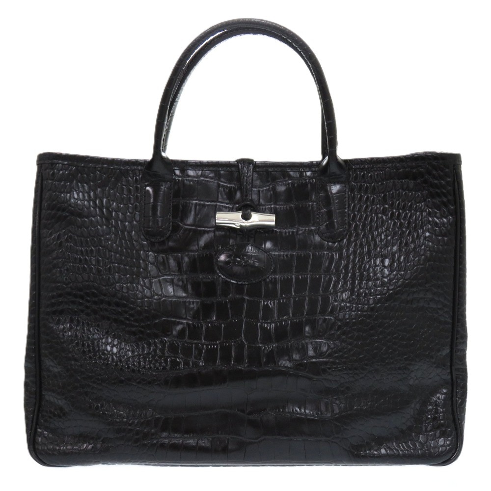 美品 クロコ調 クロコ型押し 大容量 A4収納 ロゾ ハンドバッグ レザー/レザー ブラック 0439【中古】 レディース