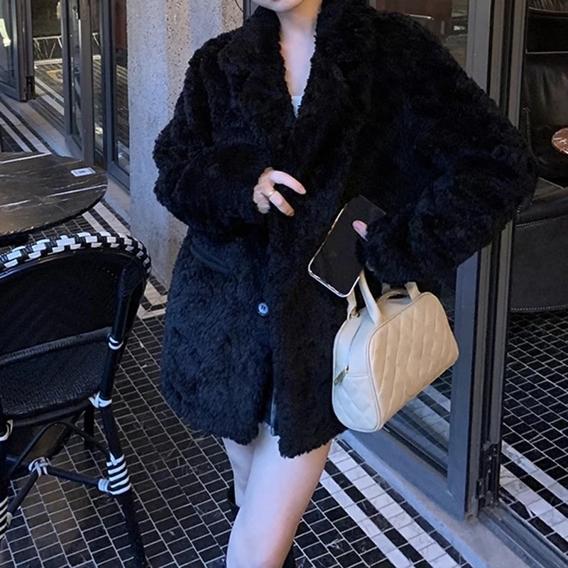 新型ブラックラムファーコート女厚手ゆったりスーツ襟ミディアムファーコート冬 5,232円