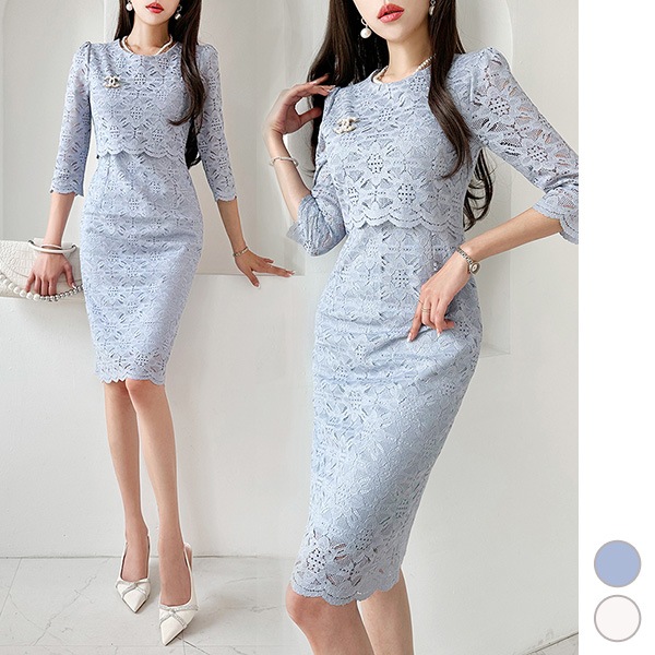 ワンピース レディース 七分袖 レース 総レース 膝丈 タイト シースルー ハイウエスト きれいめ 上品 春 夏 韓国 to27344