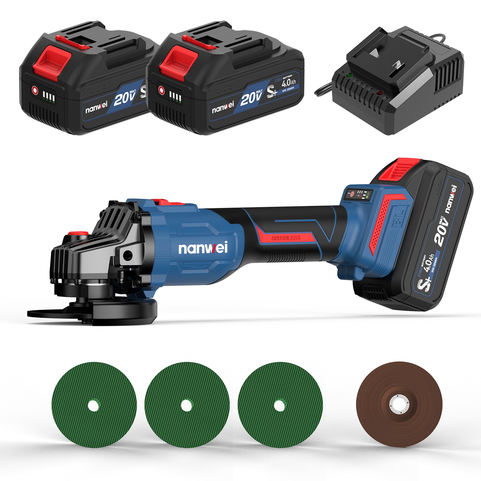 充電式ディスクグラインダー マキタ18Vバッテリ互換 コードレスグラインダー ブラシレスモーター 三段階変速 切断・研削・研磨 4.0Ahバッテリー2個 (Φ100mm 電池セット)