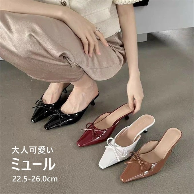 ミュール サンダル レディース ポインテッドトゥ ピンヒール 蝶結び リボン 靴 大きいサイズ 履きやすい 痛くない 外履き シューズ 靴 フォーマル オフィス 通勤 仕事 大人 コーデ きれいめ 可 4,740円