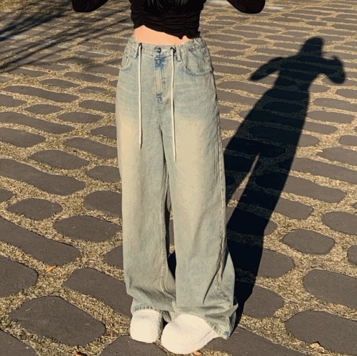 男女共用 ウエスト調節可能ビンテージ ウォッシング ジーンズ