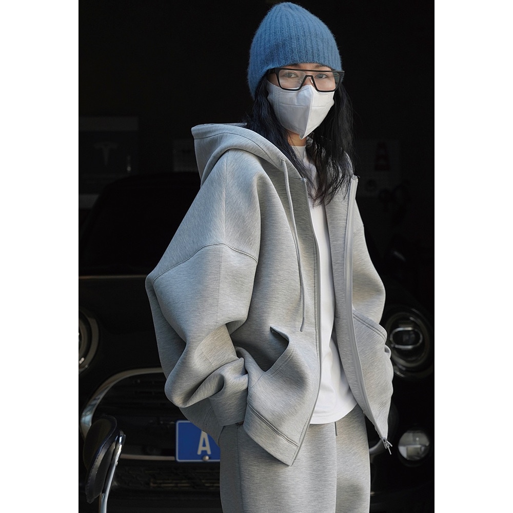 ルーブル服の早秋韓国版純色のシルエットの空気層と帽子の衛衣の韓国系のゆったりとしたカジュアルなファスナーの女性