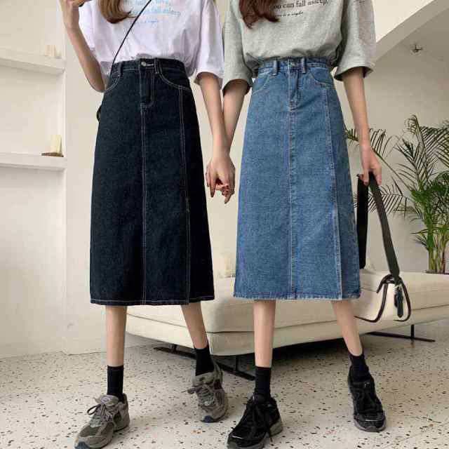スカート デニムスカート 膝丈 ひざ丈 Iライン ハイウエスト 編み込み デニム 薄手 かわいい
