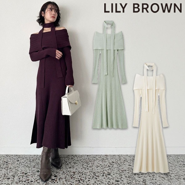 【SALE10%OFF】【即納】 リリーブラウン LILY BROWN ワンピース 25春夏 チョーカーセットニットワンピース 長袖 ロング丈 ニット チョーカー lwno251049