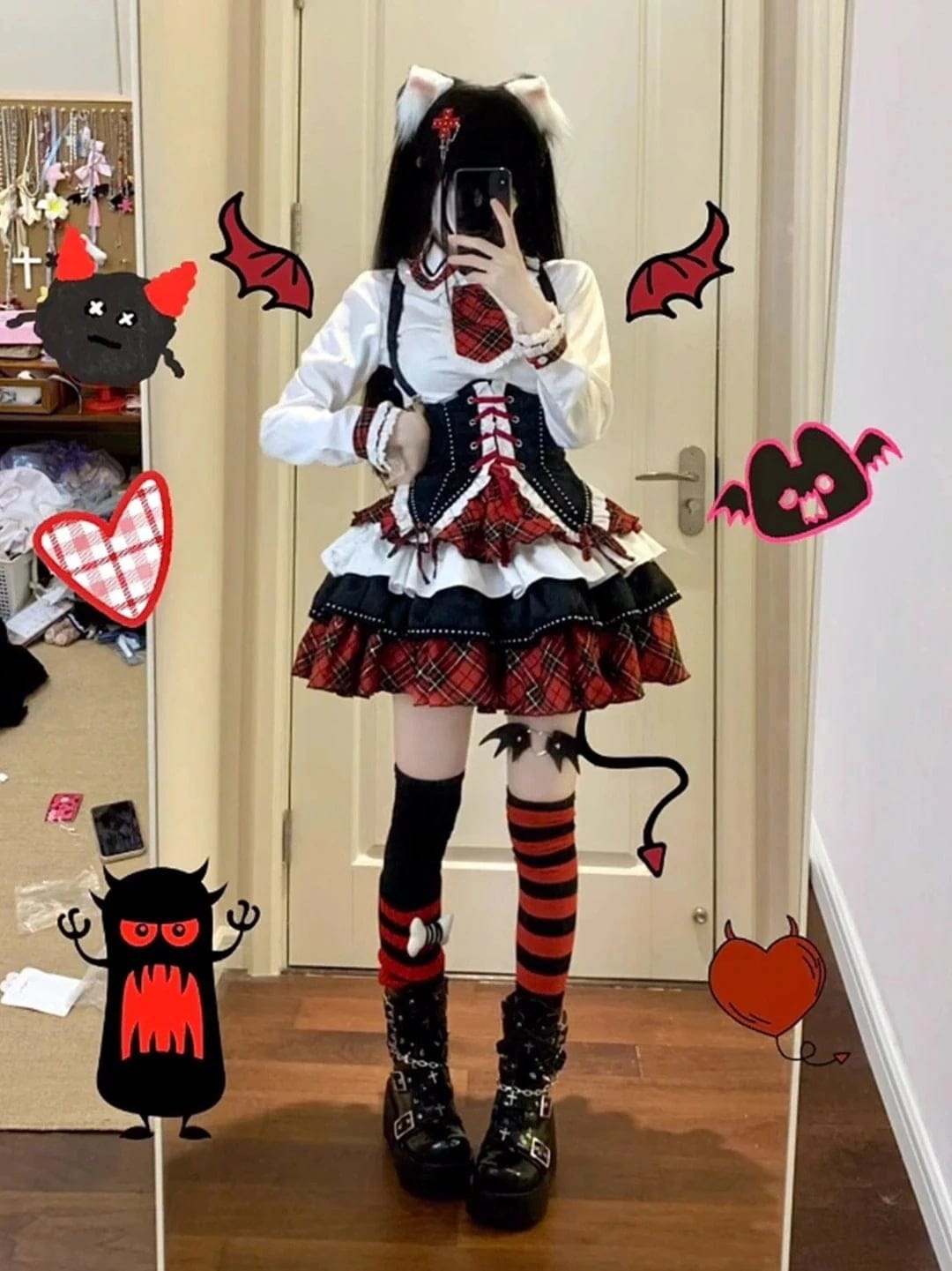 【3日出荷】ロリータ黒と赤のコントラストサスペンダーベルトウエストシャツパフスカートロリータプリンセススカートロールプレイング