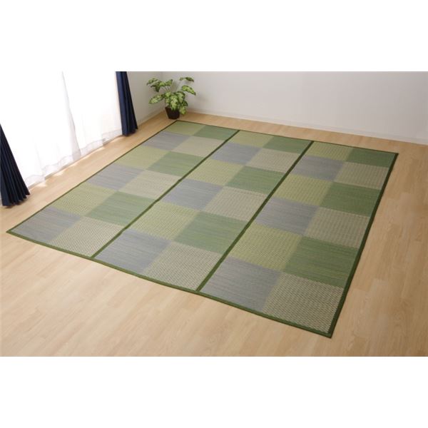 い草 ラグマット/花ござ (6畳 格子柄 市松柄 ブルー 本間6畳 約286×382cm) 裏：不織布 抗菌 防臭 消臭 調湿 (リビング)