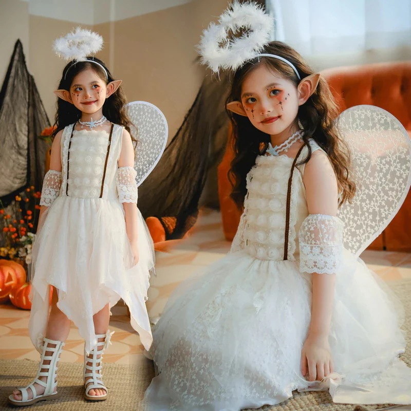 ハロウィンコスチュームガールズスペルデビルエンジェルドレスフラワーフェアリーウイングエルフ子供用コスチューム