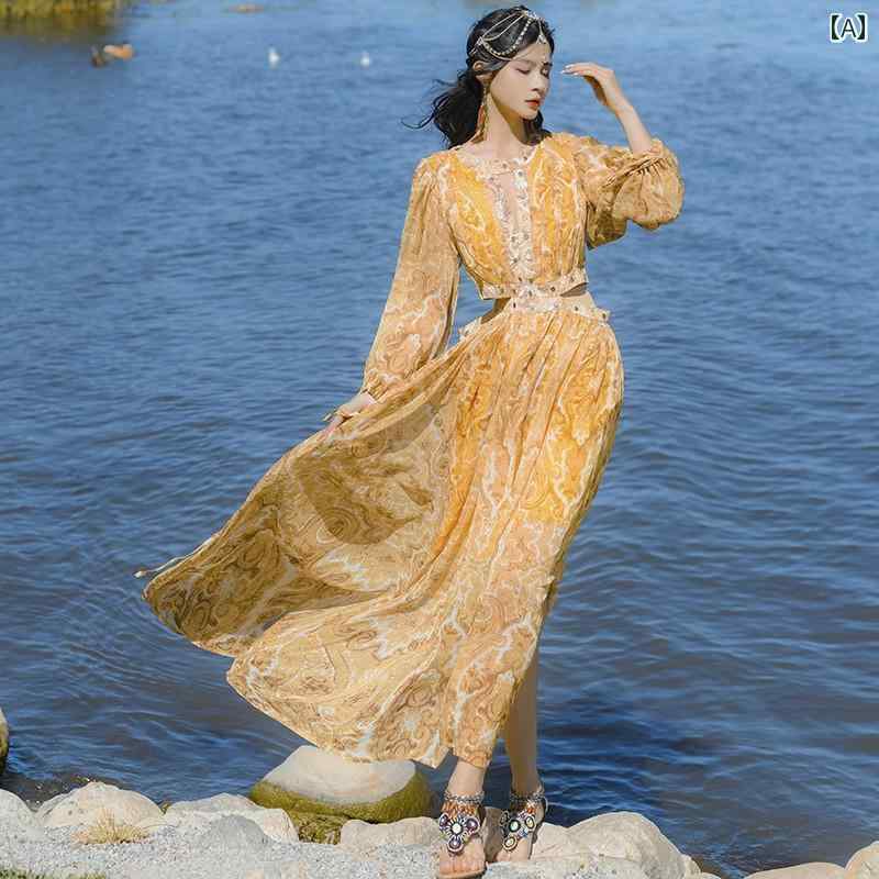 ワンピース レディース 優雅 リゾート ビーチ スカート ボヘミアン イエロー 長袖 ドレス ロング スカート 海辺 バカンス シンプル