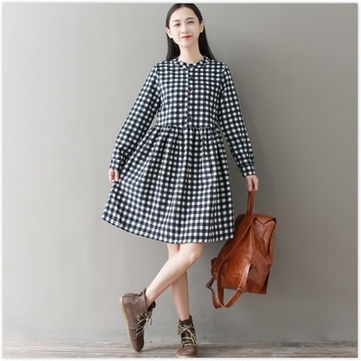 1044.カジュアルなチェック柄膝丈ワンピース（ブラック）