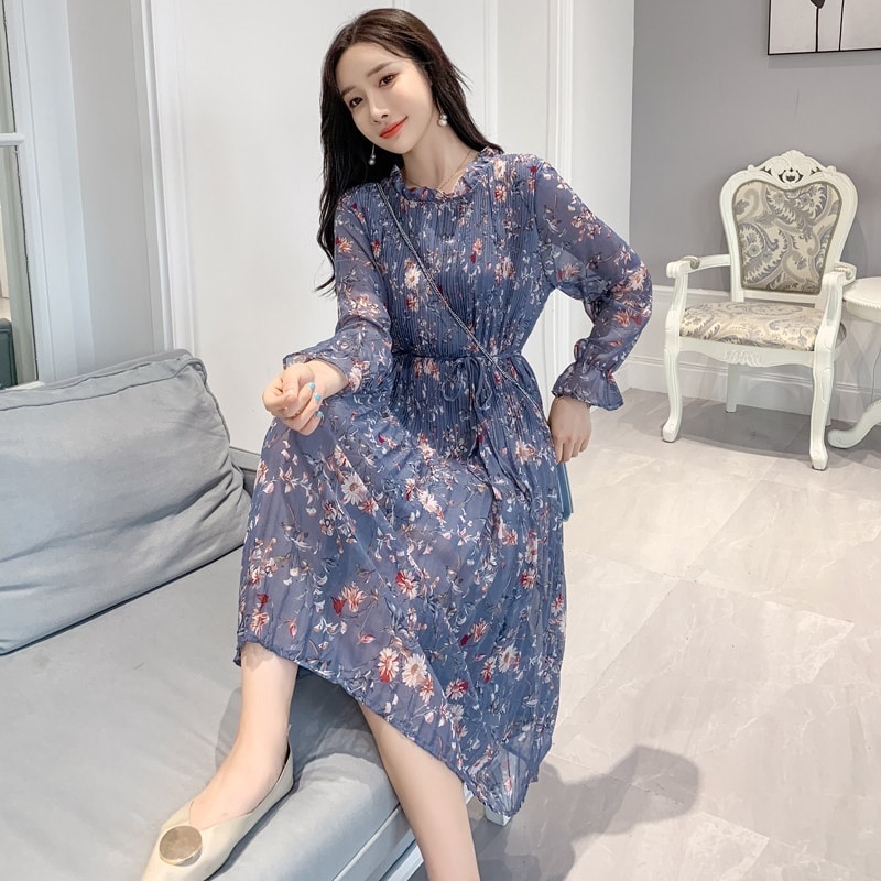 ビーチワンピース　夏ワンピース レディースワンピ 膝下ワンピース ミディアム丈 お出かけ 長袖 結婚式 二次会 パーティー 可愛い シャーリングシフォンワンピース 20代 30代 40代 小花ワンピ