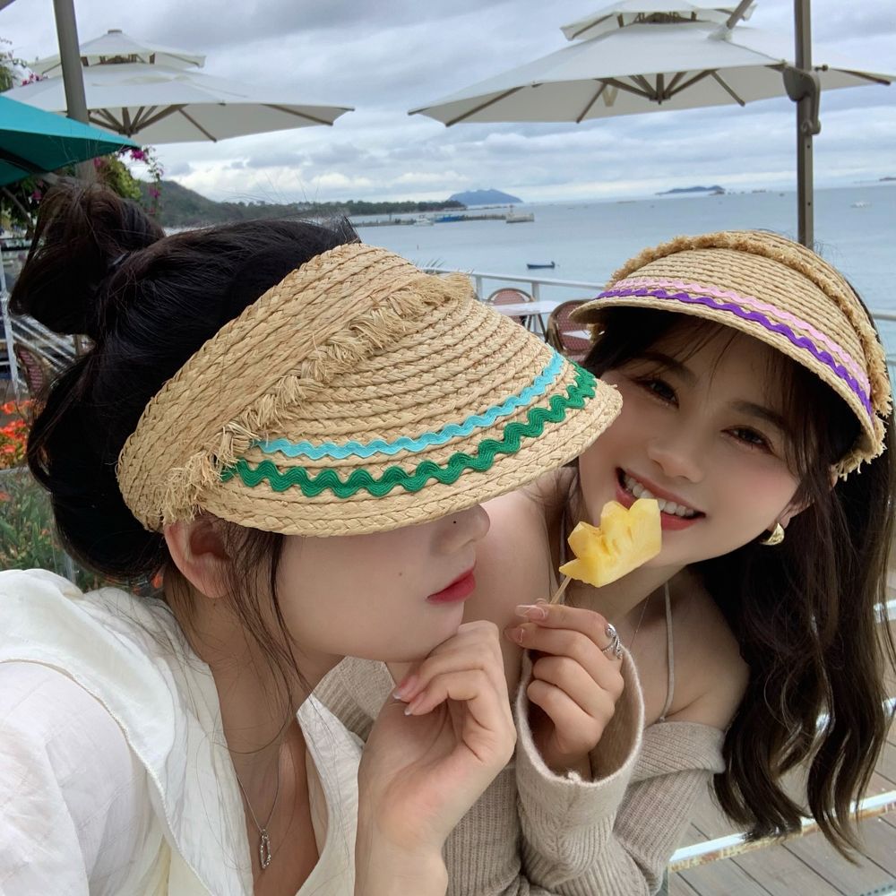 トップレスインカラフルエッジ手織りわら空シルクハット女性用休暇写真日よけ麦わら帽子
