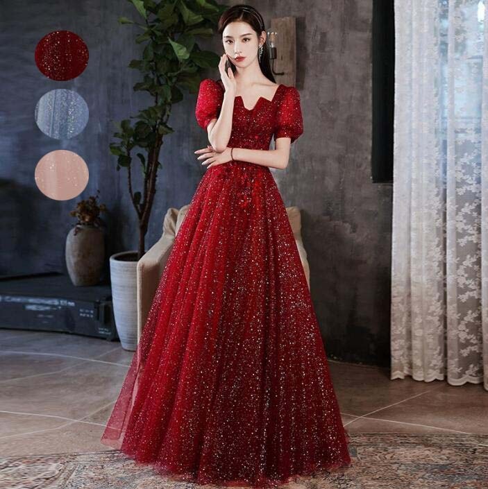 高級感 結婚式ドレス 韓国風 プリンセスライン 半袖 ロング丈ワンピース 宴会ドレス ロングドレス パーティードレス Aラインドレス 洋服 スレンダー 花嫁の介添え人 ドレス 忘年会 ステージ 衣装