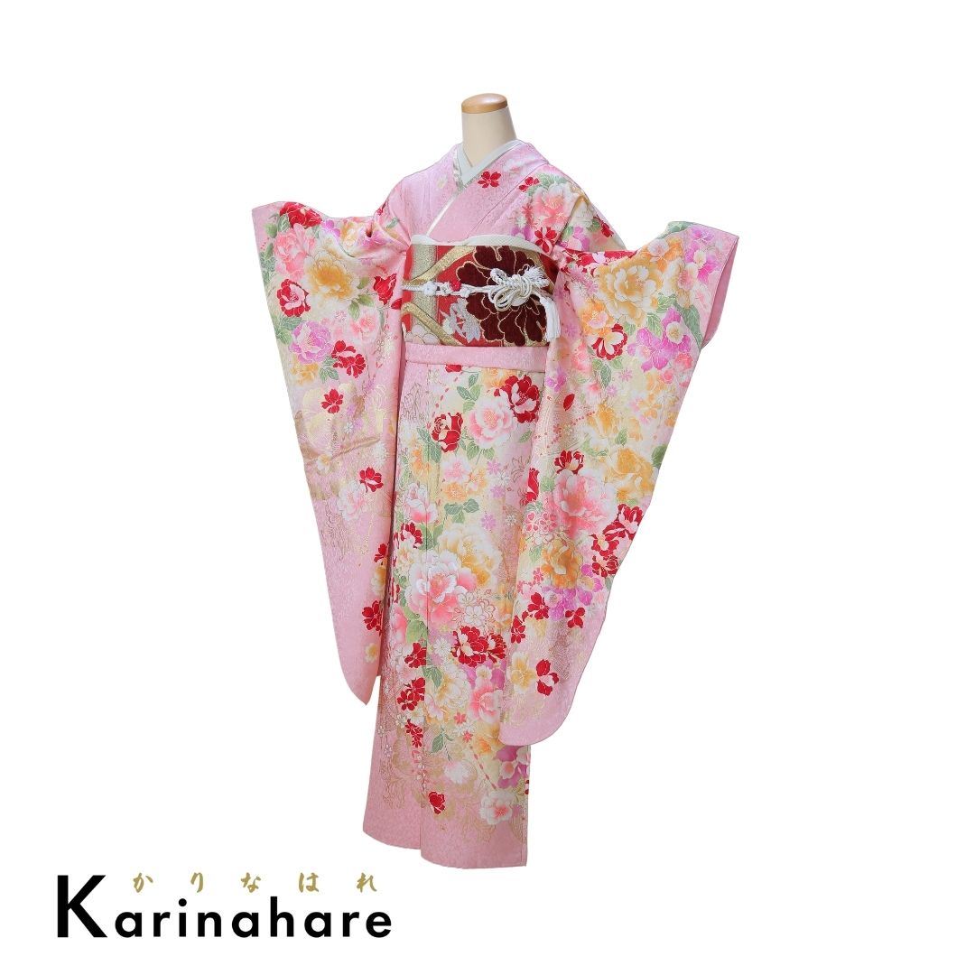 結婚式結納レンタルパステルピンク地に洋小花を贅沢に散りばめてかわいらしい振袖F607-108