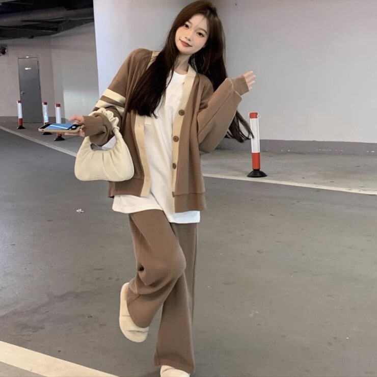 セットアップ レディース カーディガン ズボン 上着 ジャージ ストレートパンツ ワイドパンツ 長袖 Vネック ストレート ポケット ハイウエスト 前開き ウエストゴム 伸縮性 上下セット 2点セット