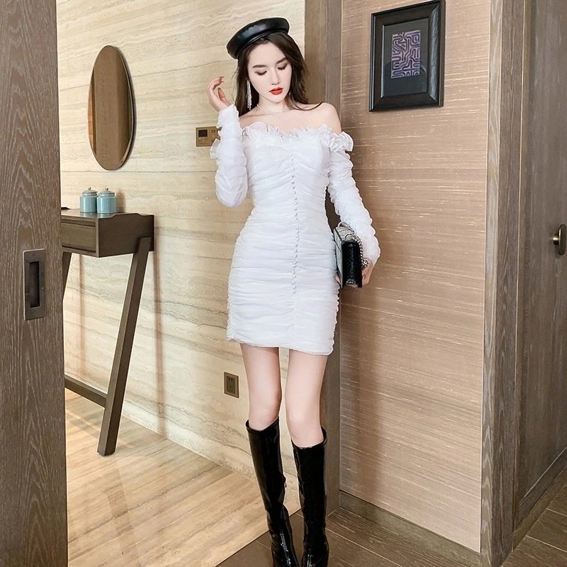 皺 ベアワンピ チュール オフショルダー パーティードレス 着痩せ 大人 お呼ばれ 同窓会 披露宴 卒業式 結婚式 ウェディング 二次会 成人式