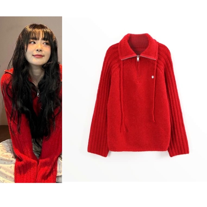 [RED VELVET スルギ着用] HIGH NECK HALF ZIP UP KNIT RED