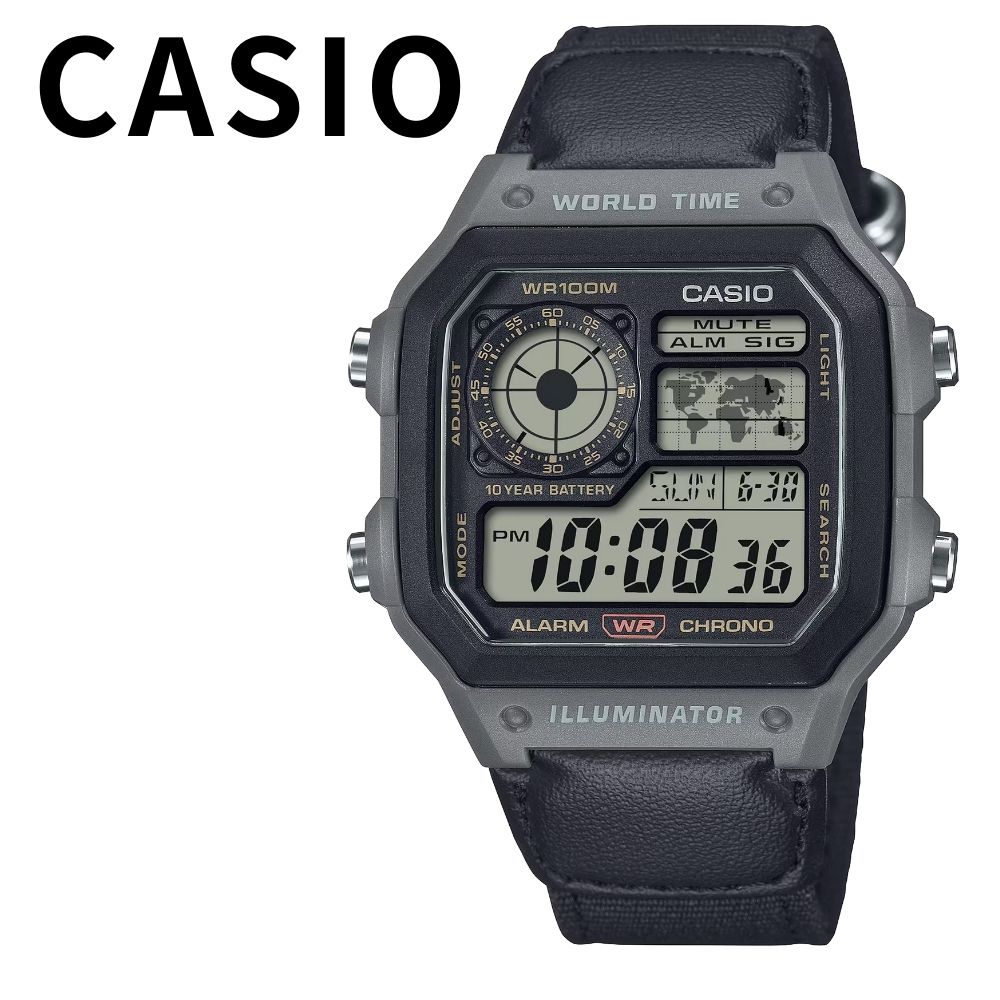 カシオ 腕時計 デジタルウォッチ 防水 メンズ おしゃれ ブラック グレー ナイロンベルト ミリタリー ワールドタイム 海外 ビジネス カジュアル プレゼント ギフト CASIO 時計 AE-1200