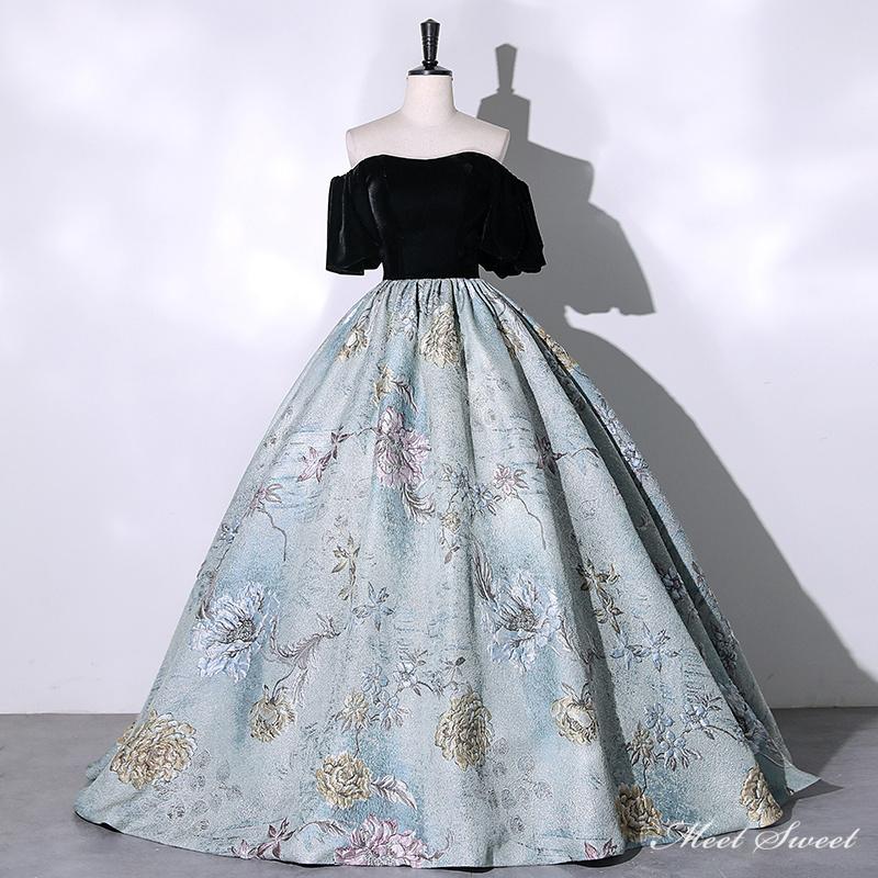 カラードレス 編み上げ ブルー ブラック 花柄 ロングドレス 結婚式 二次会 発表会 演奏会 ウェディングドレス ウエディングドレス 花嫁 前撮り プリンセスドレス イブニングドレス コンサート パー