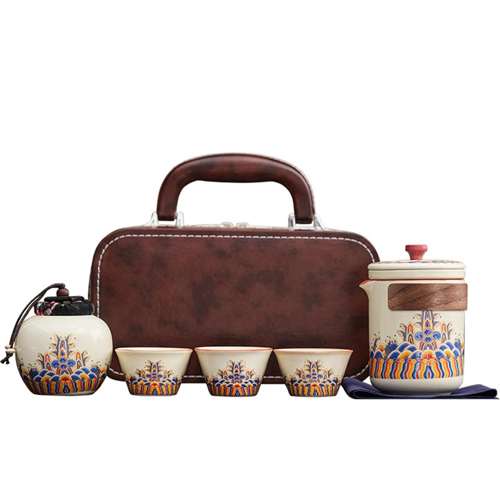 茶道具 旅行茶器 セット ポータブル中国功福セラミックティーセット ピクニック キャンプ 登山(赤)