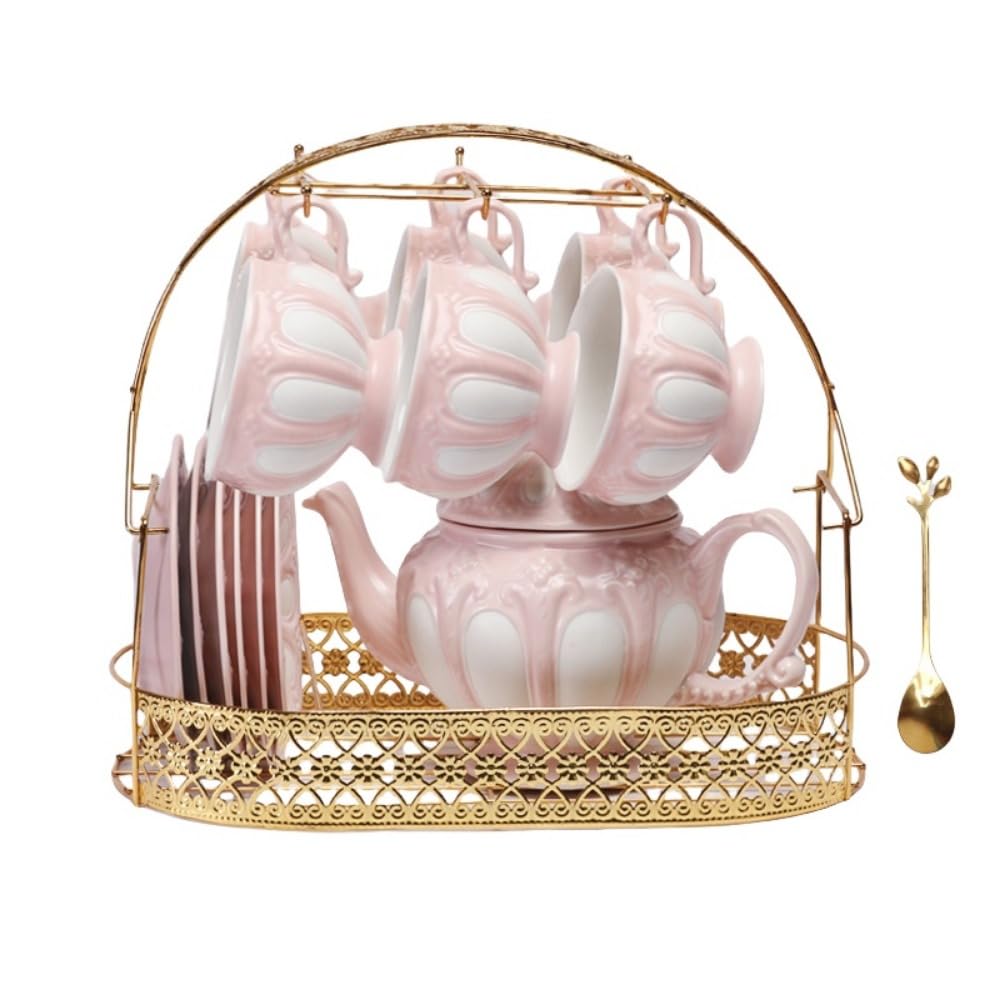 ティーセット 陶器コーヒーセット 紅茶カップ 金縁 アフタヌーンティー パンプキンポット フルーツティーポット ティーカップセット 加熱対応 フラワーティーセット 結婚祝い (ピンク) [並行輸入品]