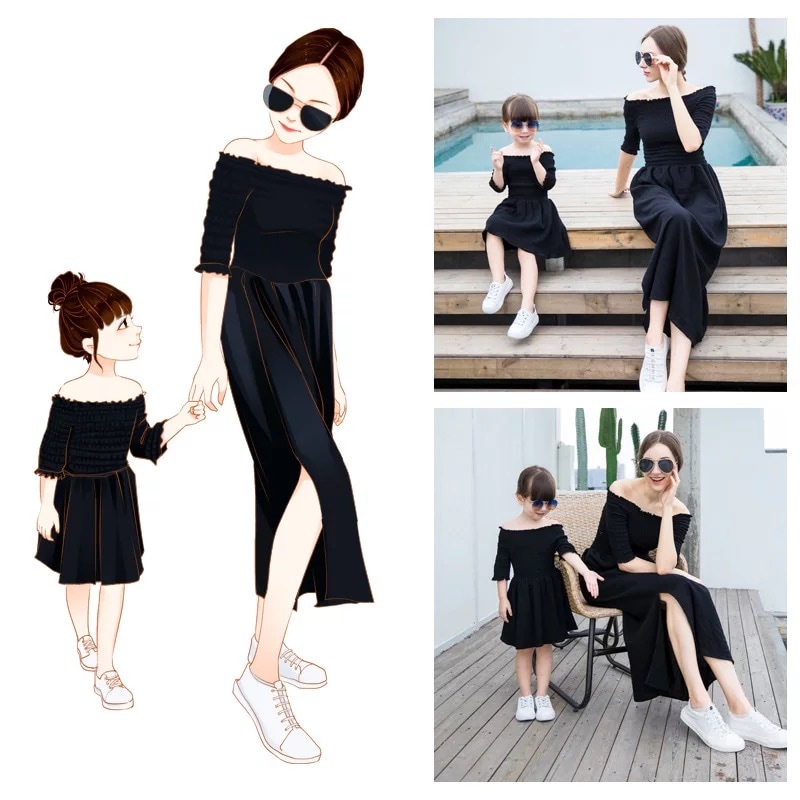2019春夏新作 ストラップレスワンピース ブラック 親子ペア