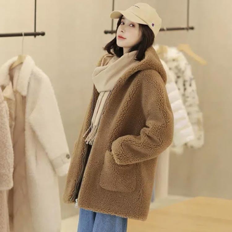 S-2XLボアパーカーフード付きレディース前開きジップアップボアアウターボアジャケットミドル丈フェイクムートンもこもこ秋冬通勤通学大人学生ゆったり厚ボリューム防寒保温ポケット付きホワイト白