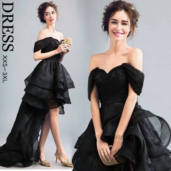 ドレス 大人 ピアノ 発表会 フィッシュテール オフショルダー 演奏会 アシンメトリードレス イブニングドレス ピアノ発表会 二次会 撮影 パーティードレス 黒 ワンピース ステージドレス セクシー