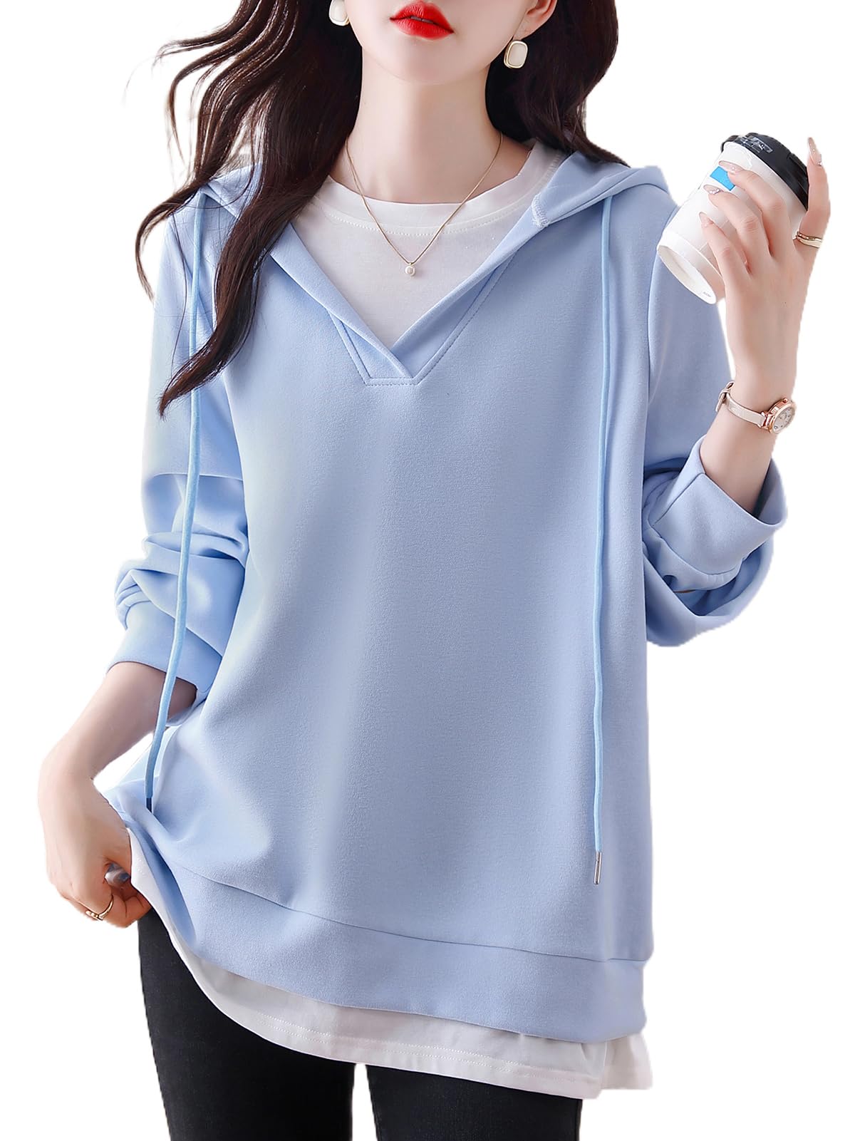 [Ｈ．ｚｒｏｙ] パーカー フード付き レディース プルオーバー フェイクレイヤード トップス 長袖 ゆったり 体型カバー スウェット 切り替え おしゃれ カジュアル 上着 着痩せ 秋 冬 春