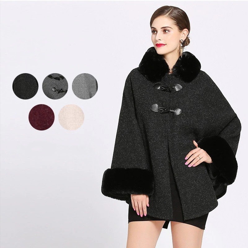 ポンチョレディースコート秋冬ケープコートファーポンチョコートチェック柄ミディアム丈