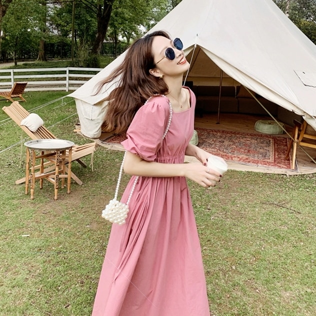 ワンピース デート フレアワンピース ワンピドレス ミモレ丈 ミディアム丈 袖あり 半袖 パフスリーブ フレアスリーブ スクエアネック フレア Aライン 切り替えデザイン ウエストマーク かわいい