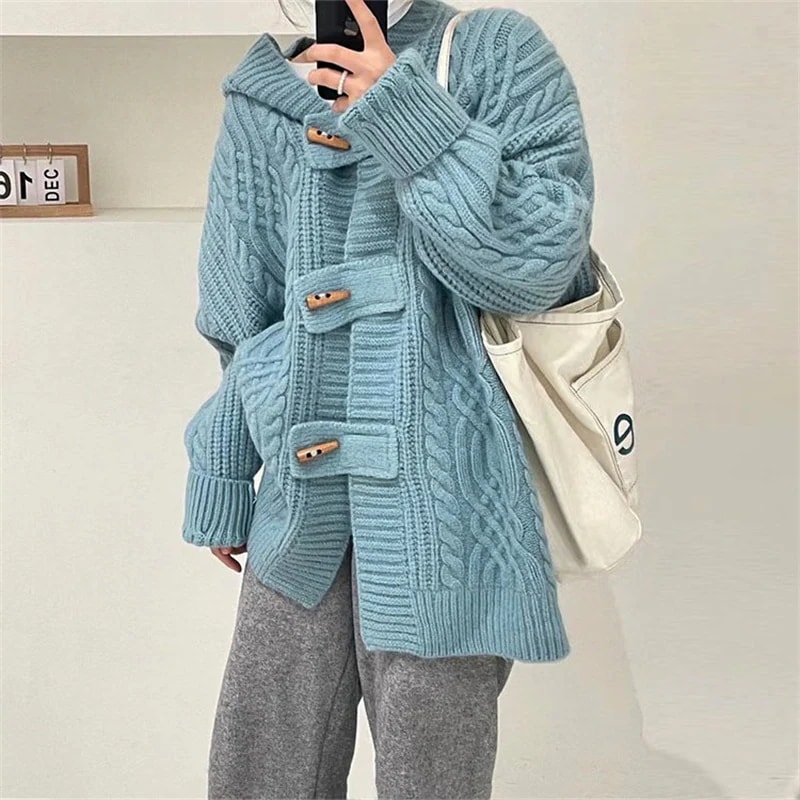 超人気,高評価!! 厚いセーターの女性のコート秋冬新しい緩い牛の角のバックルパーカーディガン