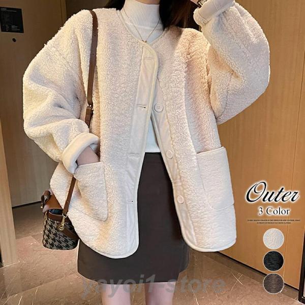 ボアジャケット ノーカラー アウター ボア ジャケット コート レディース 大きいサイズ ミドル丈 ふわふわ 羽織り 上着 無地 カジュアル きれいめ