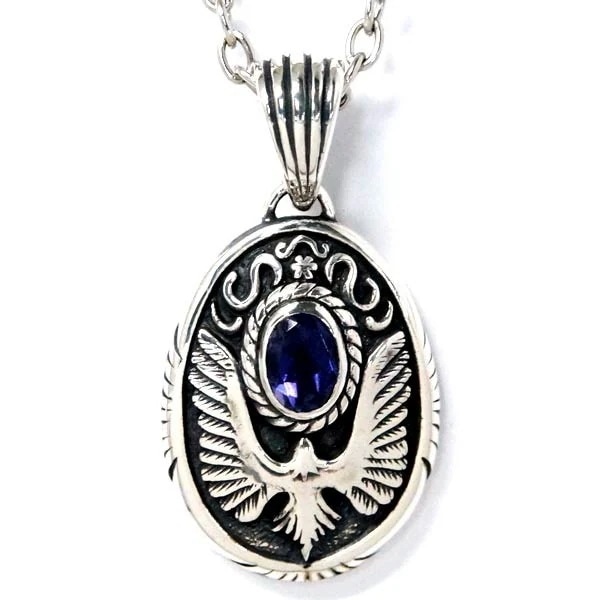 インディアンジュエリー ペンダント ネックレス 天然石 アイオライト イーグル 鷲 サンフェイス 太陽神 ブラス ゴールド メンズ シルバー925