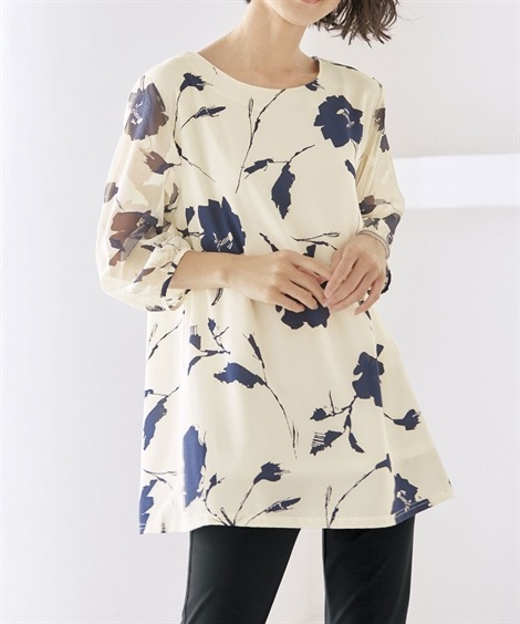 チュニック シニアファッション シアー袖プリントチュニック