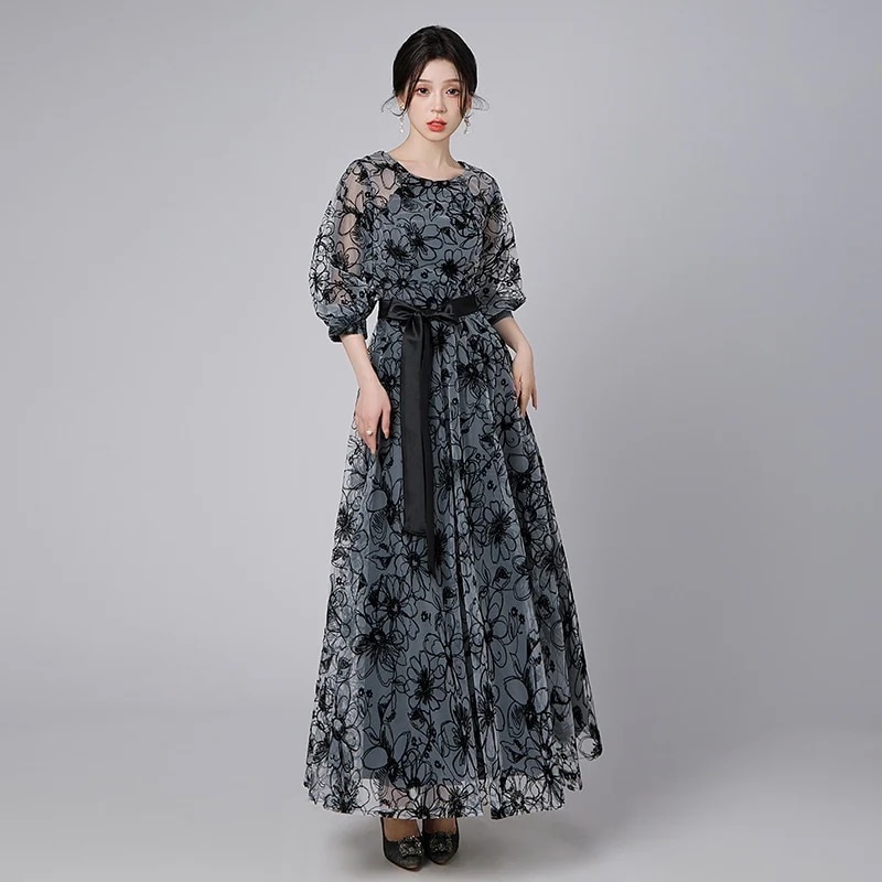 Hot!!!【縁夢】 花柄 レース 七分袖 イブニングドレス ロングワンピース イブパーティードレス キャバ 着痩せ 大人 同窓会 披露宴 卒業式 結婚式 演奏会 ウェディング 二次会 発表会 メガ割