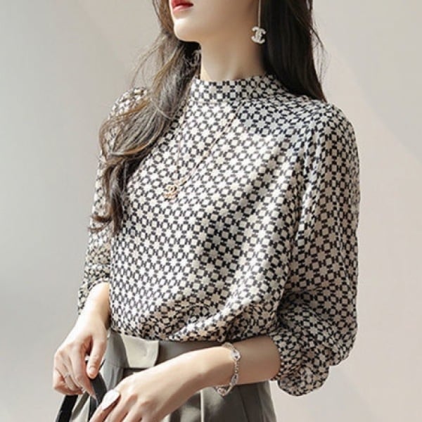 【雑誌に掲載された】 大人気 プリント スタンドネック フェミニン 長袖 シフォン ブラウス レディース