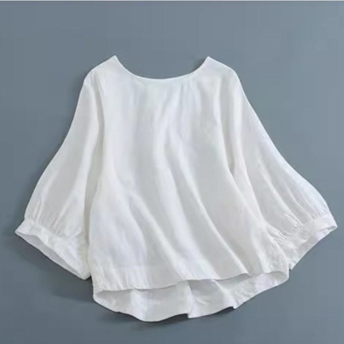 レディース トップス シャツ ブラウス プルオーバー 7分袖 ランタンスリーブ ラウンドネック 襟なし フェミニン 薄手 かわいい 大人可愛い きれいめ シンプル カジュアル 上品 おしゃれ レトロ