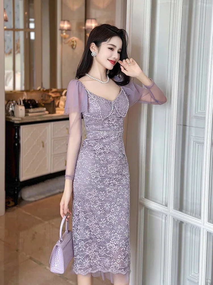 結婚式 同窓会 着痩せ ワンピース パープル ウェディング ワンピース パーティードレス 花柄 紫 二次会 レース 演奏会 披露宴 キャバ 大人 発表会 卒業式