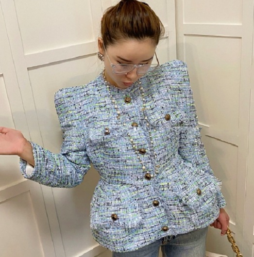 【取寄：納期2週間】ツイードジャケット レディース パワーショルダー 金ボタン 秋 冬 ジャケット アウター フォーマル スーツ ブルー 韓国 おしゃれ 大人可愛い 20代 30代 40代 6,508円