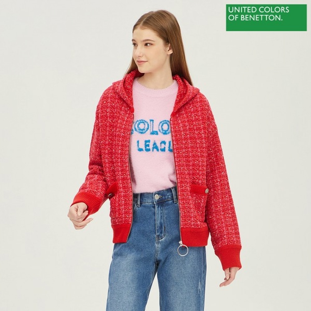 (ベネトン) ベネトンツイードフード付きジップアップニットカーディガン BAKC72261_PK