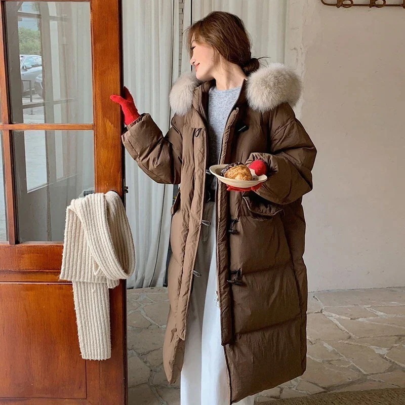 韓国風 フォックス大毛皮付き 加厚 ロング丈 ダウンジャケット レディース ホーンボタン 冬 かわいい
