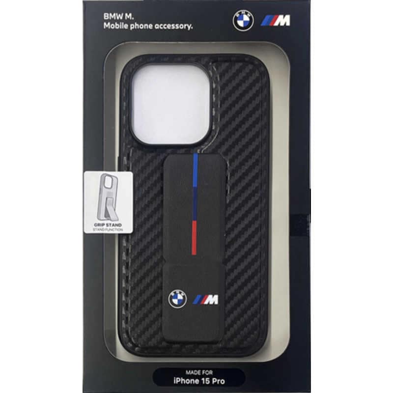エアージェイ　BMW iPhone15 Pro用 PUカーボン グリップスタンド 背面ケース ブラック　BMHCP15LGSPCCK
